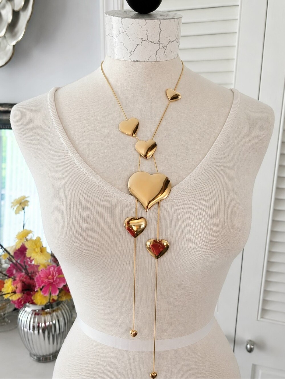 New Gold Tone Puffy Heart Lariat Necklace Y2K Coquette Romantic Layered